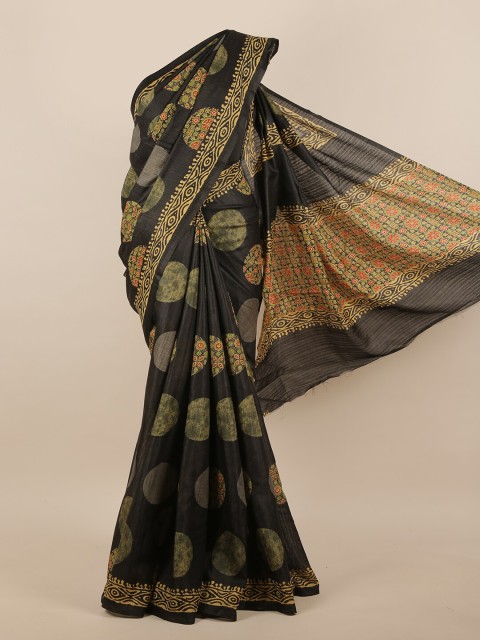 

Pothys Black & Green Ethnic Motifs Printed Jute Silk Saree