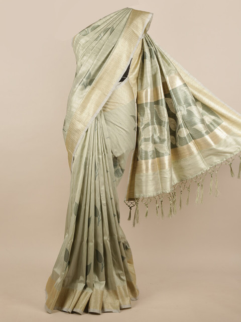 

Pothys Green & Grey Floral Printed Zari Details Jute Silk Saree