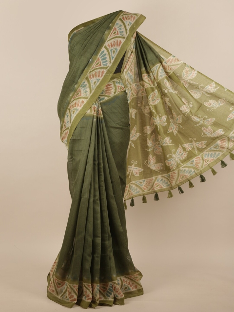 

Pothys Green & Off White Printed Jute Silk Saree