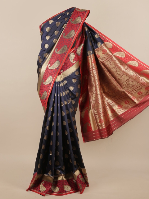 

Pothys Blue & Red Woven Design Paisley Motifs Zari Details Jute Silk Saree