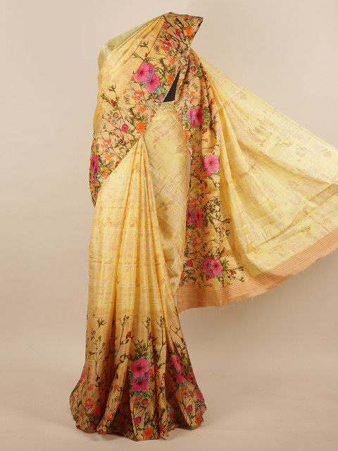 

Pothys Yellow & Green Floral Jute Silk Saree