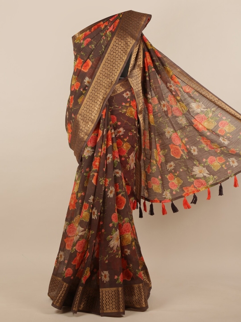 

Pothys Brown & Orange Floral Jute Silk Saree