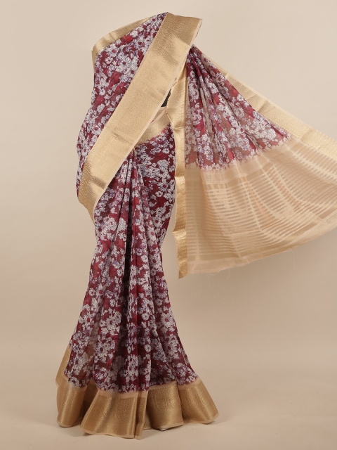 

Pothys Burgundy & White Floral Printed Jute Silk Saree
