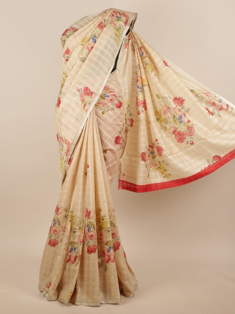 

Pothys Cream-Coloured & Pink Floral Jute Silk Saree
