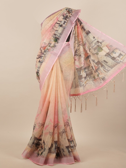 

Pothys Peach-Coloured & Brown Printed Linen Blend Saree