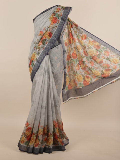 

Pothys Grey & Red Floral Printed Linen Blend Saree