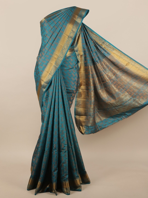 

Pothys Teal & Gold-Toned Ethnic Motifs Jute Silk Saree