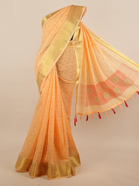 

Pothys Peach-Coloured & Red Ethnic Motifs Zari Border Jute Silk Saree
