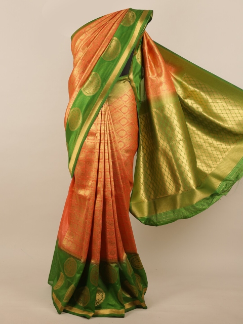 

Pothys Orange & Green Ethnic Motifs Zari Woven Design Jute Silk Saree