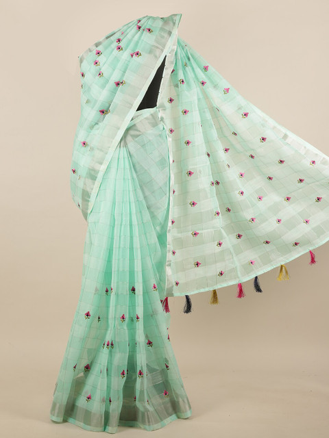 

Pothys Sea Green & Pink Floral Jute Silk Saree