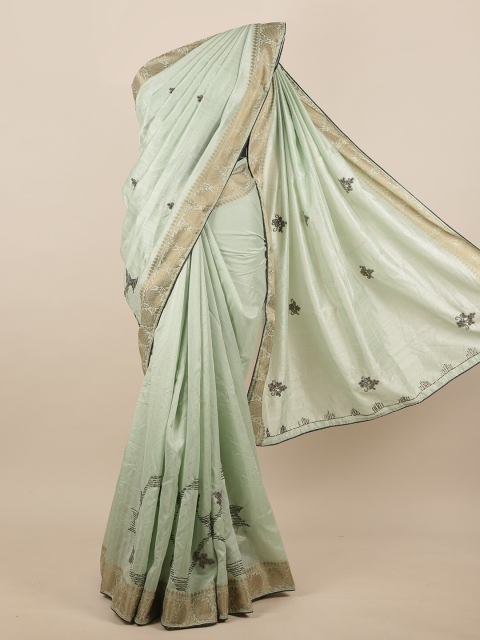 

Pothys Green & Silver Coloured Embellished Beads and Stones Jute Silk Saree