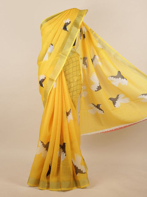 

Pothys Yellow & White Printed Linen Blend Saree