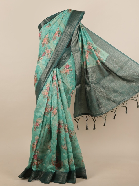 

Pothys Sea Green & Pink Floral Jute Silk Saree