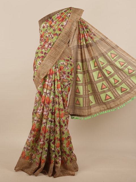 

Pothys Green & Brown Floral Jute Silk Saree