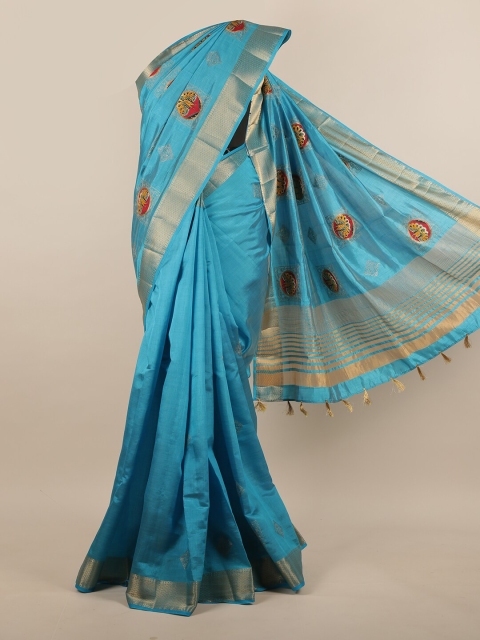 

Pothys Turquoise Blue & Yellow Woven Design Jute Silk Saree