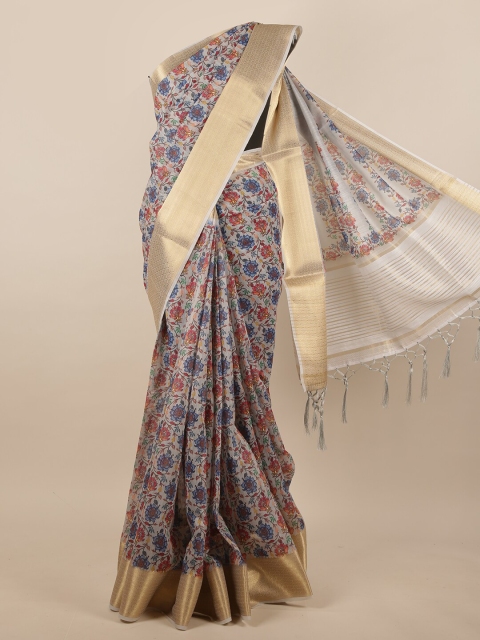 

Pothys Grey & Blue Floral Printed Jute Silk Saree