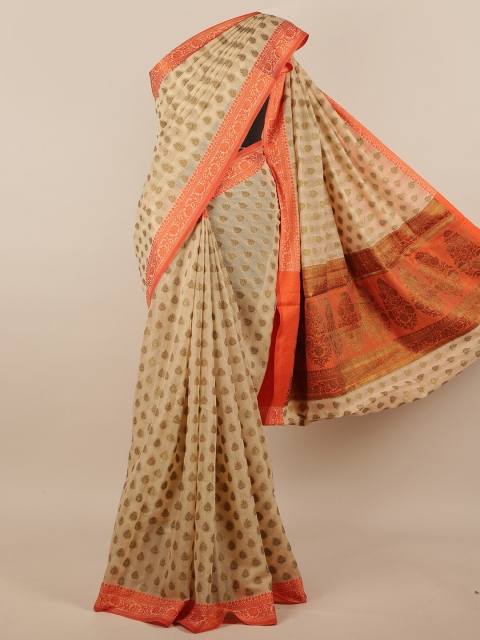 

Pothys Cream-Coloured & Orange Floral Zari Jute Silk Saree