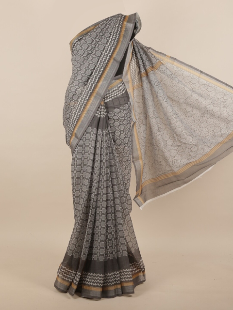 

Pothys Grey & Gold-Coloured Geometric Printed Linen Blend Saree