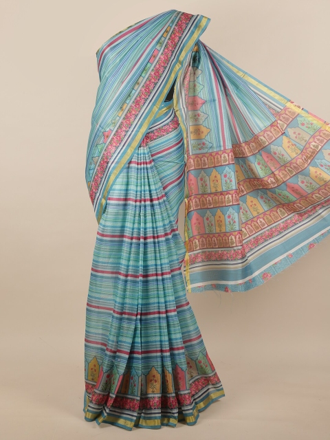 

Pothys Blue & Gold-Toned Striped Jute Silk Saree