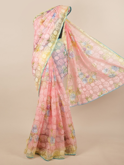 

Pothys Pink & Blue Floral Brasso Printed Jute Silk Saree
