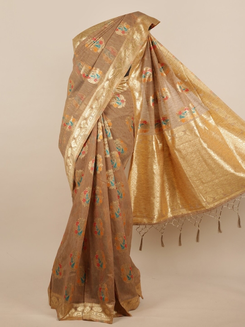 

Pothys Brown & Teal Floral Zari Jute Silk Saree