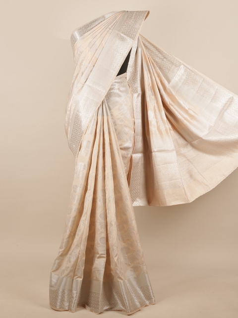 

Pothys Cream-Coloured & Silver-Toned Floral Zari Jute Silk Saree
