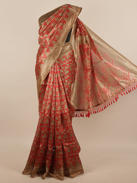 

Pothys Brown & Red Printed Jute Silk Saree
