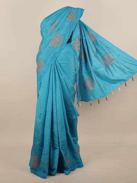 

Pothys Blue & Brown Floral Embroidered Jute Silk Saree