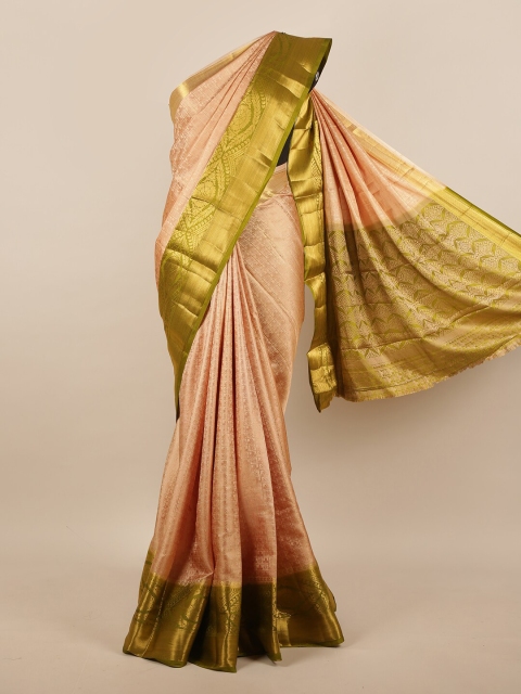 

Pothys Cream-Coloured & Olive Green Striped Jute Silk Saree