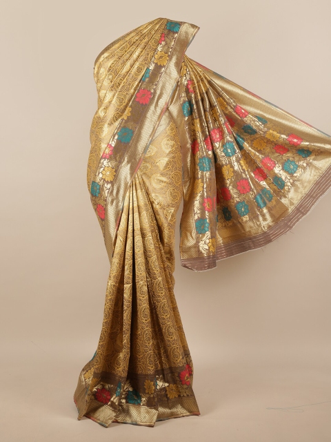 

Pothys Gold-Toned & Pink Floral Zari Jute Silk Saree