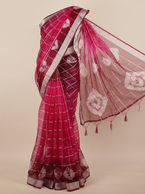 

Pothys Magenta & Silver-Toned Checked Zari Jute Silk Saree