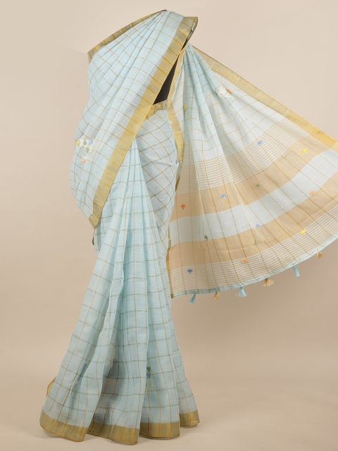 

Pothys Blue & Gold-Toned Checked Zari Linen Blend Saree