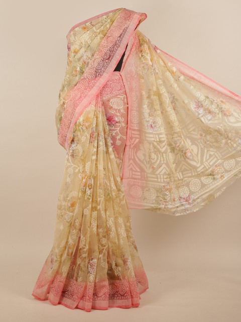 

Pothys Cream-Coloured & Pink Floral Jute Silk Saree