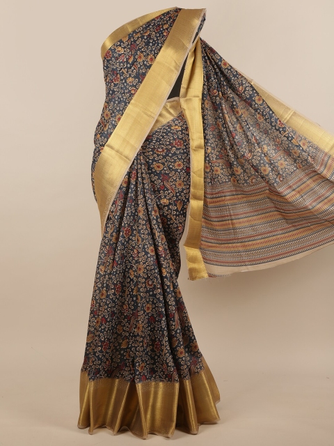 

Pothys Navy Blue & Gold-Toned Floral Jute Silk Saree