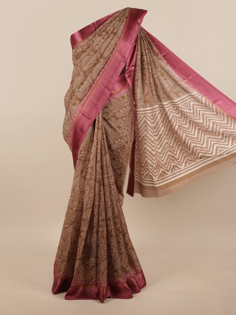 

Pothys Brown & White Printed Jute Silk Saree