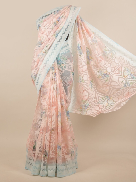 

Pothys Pink & Blue Floral Jute Silk Saree