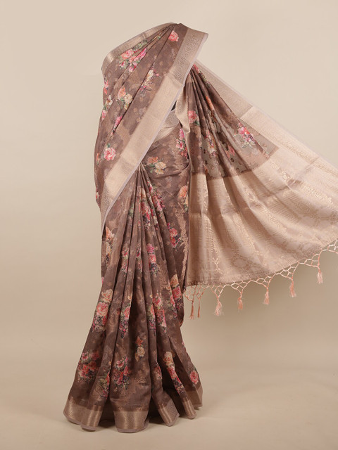 

Pothys Brown & Pink Floral Jute Silk Saree