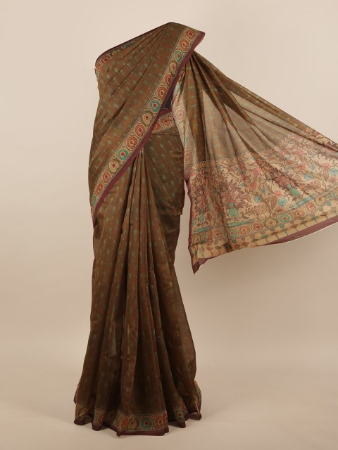 

Pothys Brown & Green Floral Printed Jute Silk Saree