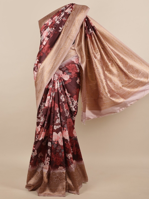 

Pothys Brown & Pink Floral Zari Jute Silk Saree