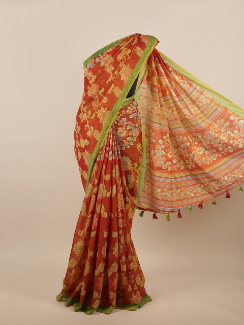 

Pothys Rust & Yellow Floral Printed Jute Silk Saree