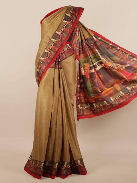 

Pothys Tan & Red Ethnic Motifs Printed Jute Silk Saree