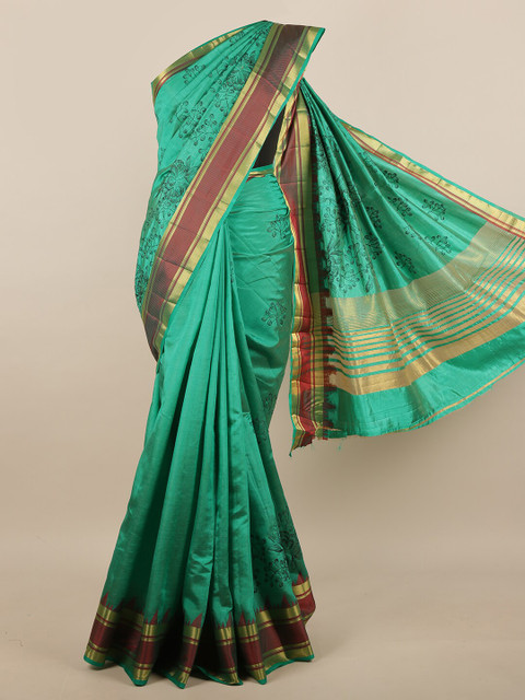 

Pothys Green & Black Floral Zari Jute Silk Saree