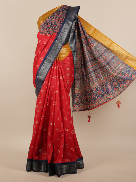 

Pothys Red & Navy Blue Floral Zari Jute Silk Saree