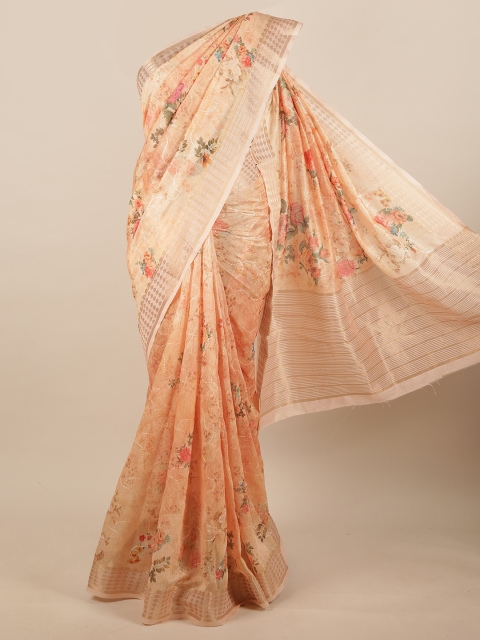 

Pothys Peach-Coloured & Green Floral Zari Jute Silk Saree