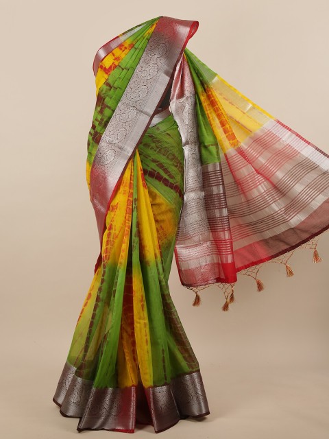 

Pothys Green & Yellow Tie and Dye Printed Zari Border Jute Silk Saree