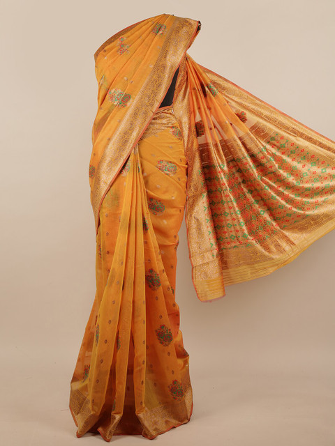

Pothys Mustard & Green Floral Woven Design Zari Jute Silk Saree