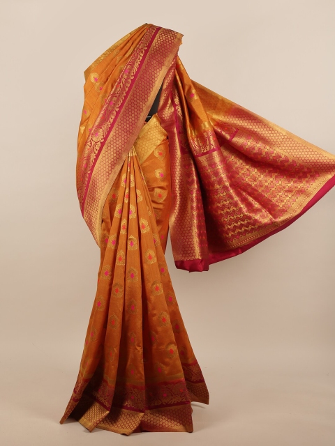 

Pothys Mustard Yellow & Pink Ethnic Motifs Zari Jute Silk Saree