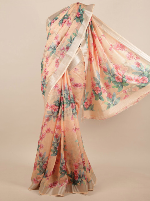 

Pothys Peach-Coloured & Pink Floral Printed Zari Border Saree