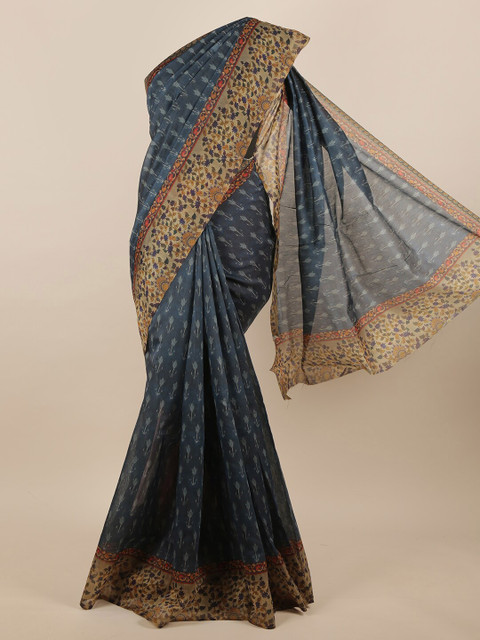 

Pothys Blue & Cream-Coloured Floral Printed Jute Silk Saree