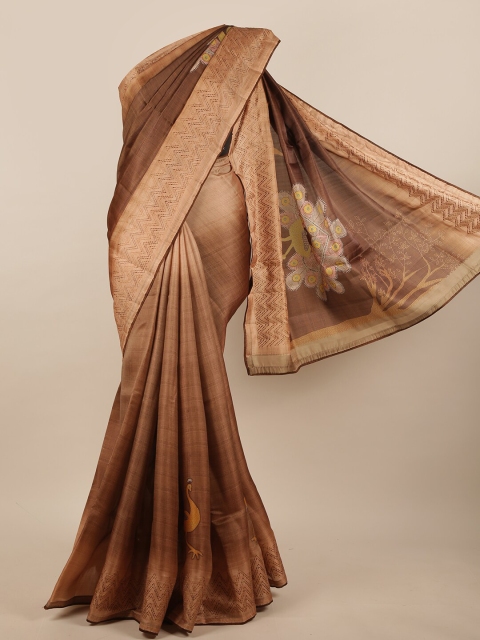 

Pothys Brown & Yellow Ethnic Motifs Embroidered Jute Silk Saree